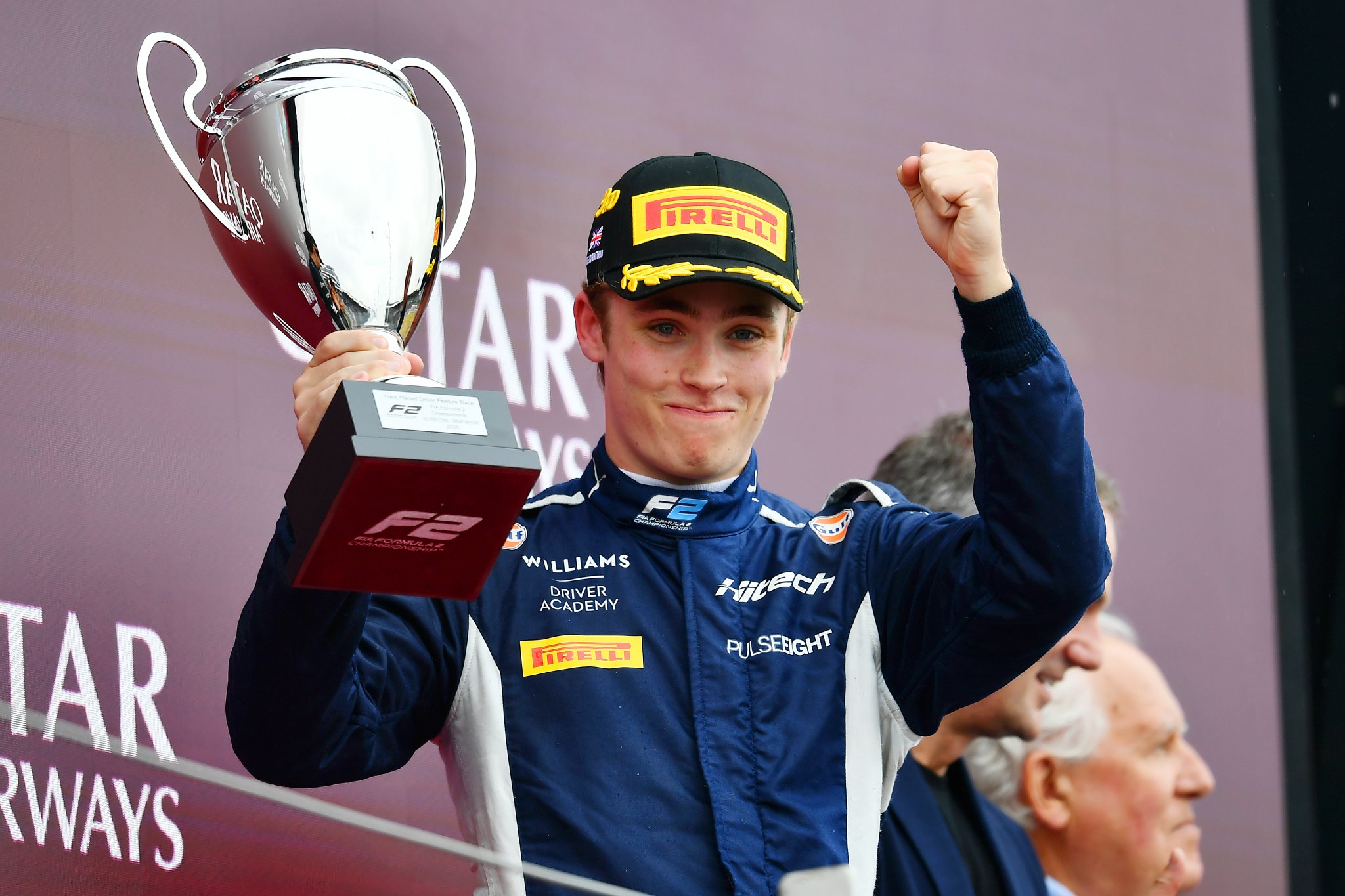 Hitech TGR's Luke Browning on the podium during the F2 British GP.