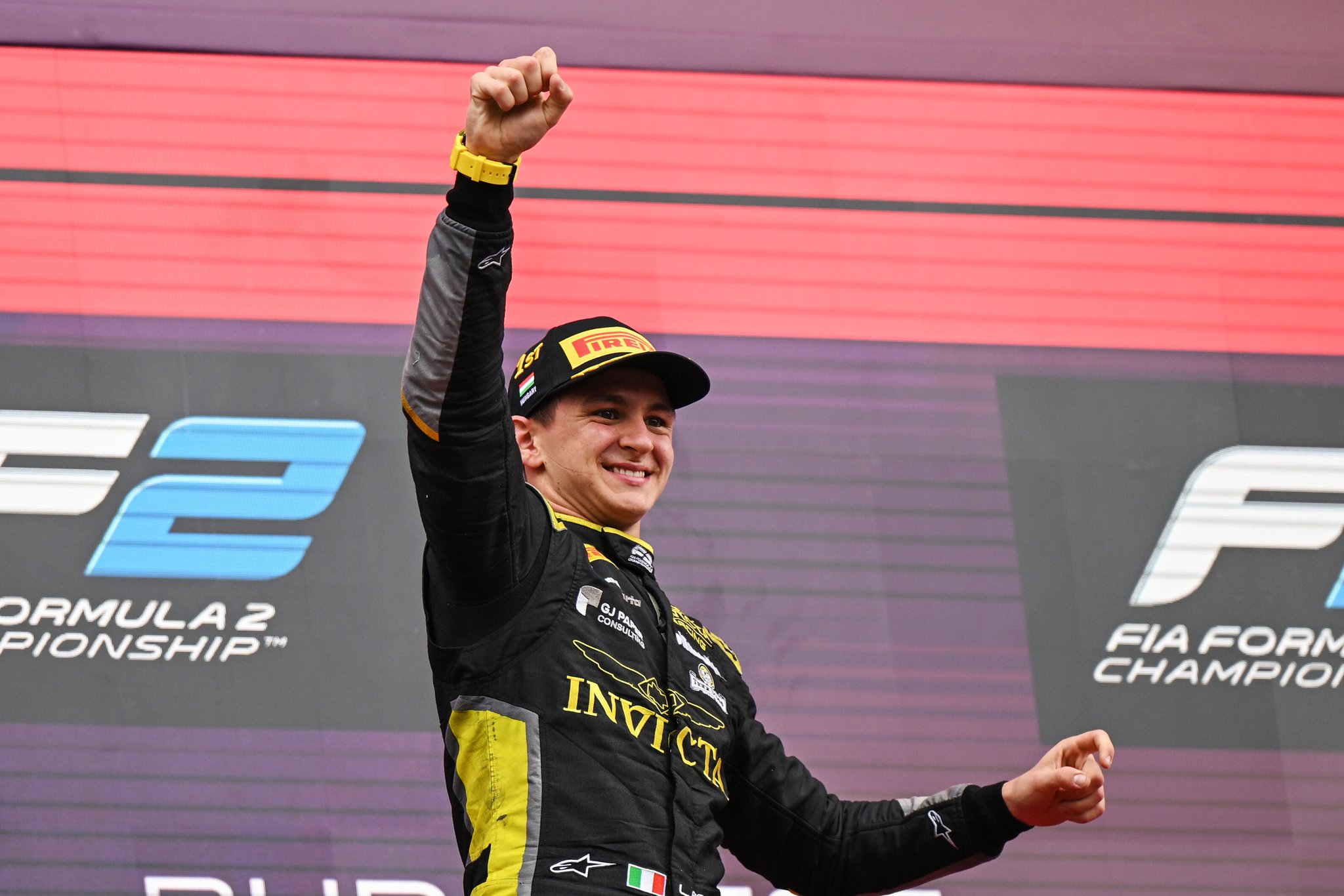 Invicta Racing's Leonardo Fornaroli after his Feature Race win at F2 Hungarian GP.