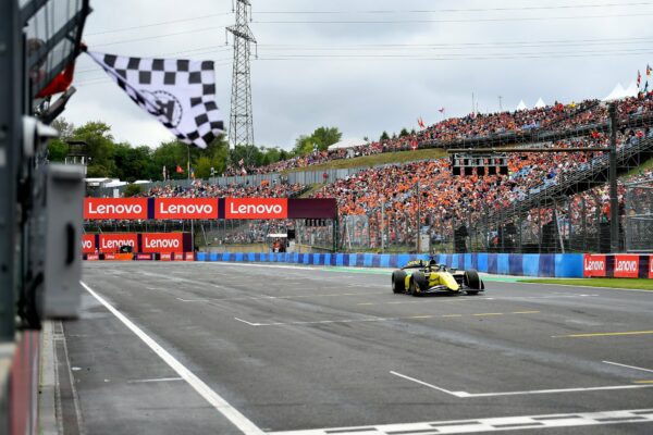 Invicta Racing's Leonardo Fornaroli crossing the line to win the Feature Race at the F2 Hungarian GP.
