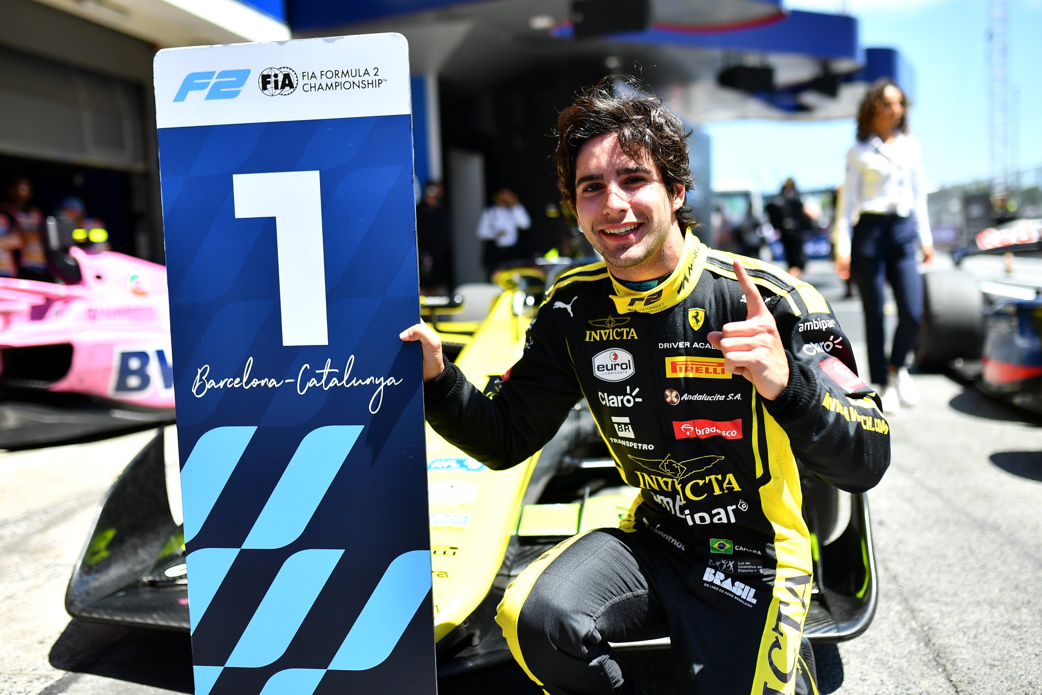 Invicta Racing's Rafael Câmara after his Feature Race win at the 2026 F2 Barcelona-Catalunya GP.