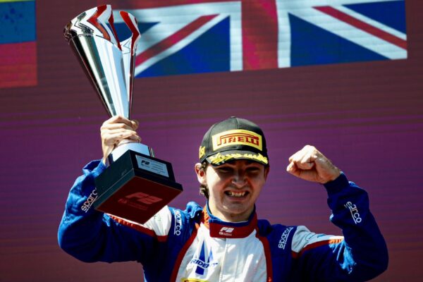 Trident's John Bennett on the podium after claiming his maiden F2 win during the Sprint Race at the 2026 Austrian GP.