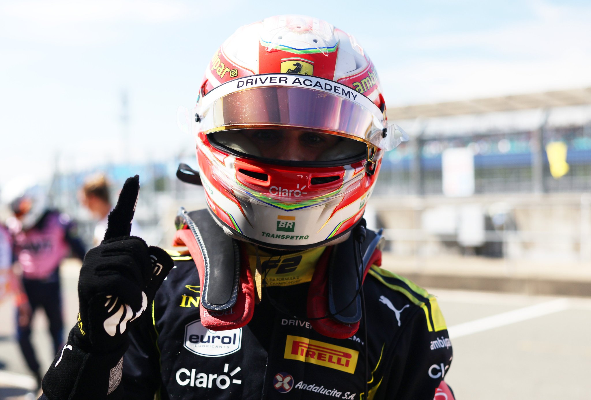 Invicta Racing's Rafael Câmara after Qualifying at 2026 F2 British GP, securing his third pole position of the season.