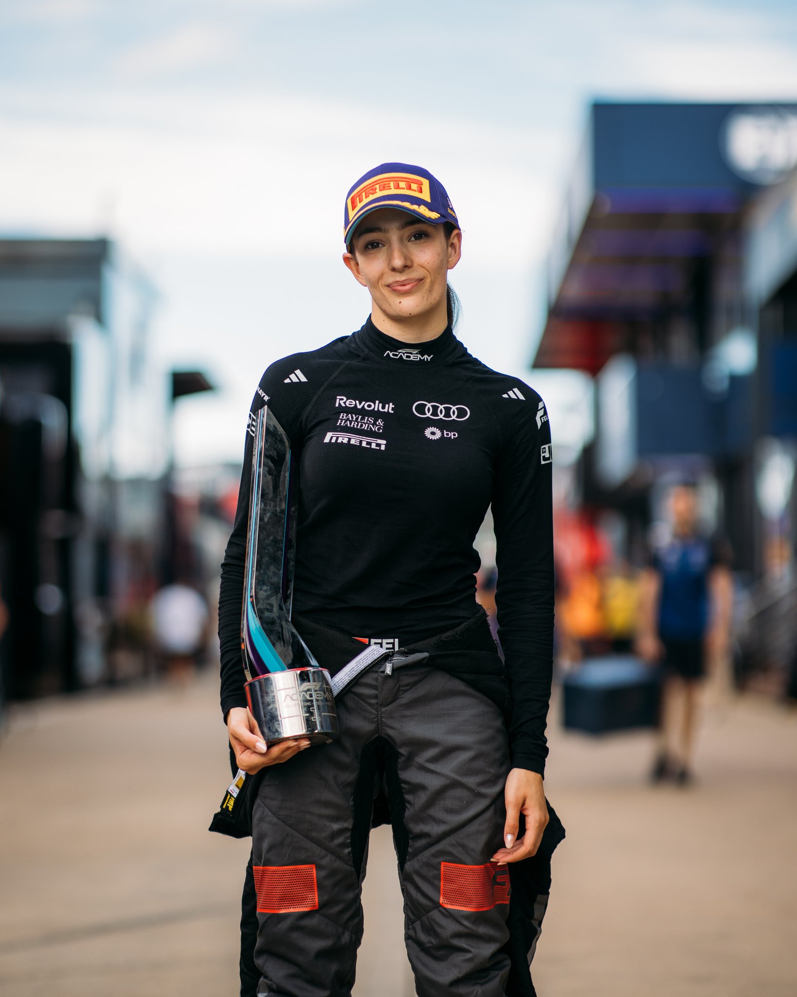 Audi-backed Emma Felbermayr after her Reverse Grid race win at the 2026 F1 Academy Silverstone Round at British GP.