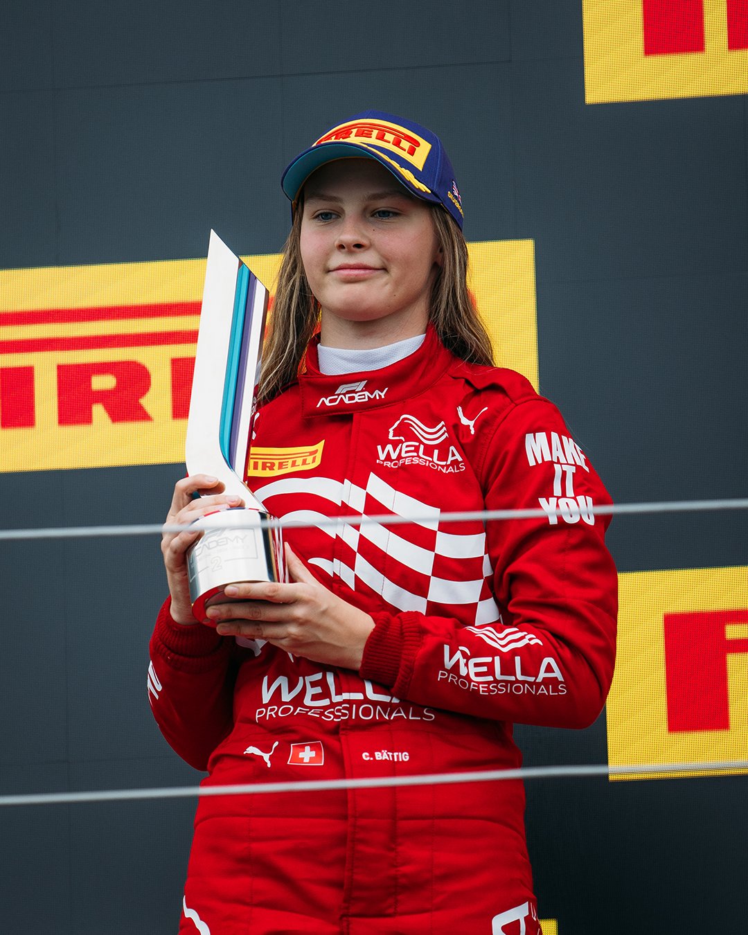 Wild Card entrant Chiara Bättig on the Feature Race podium at 2026 F1 Academy Silverstone Round.