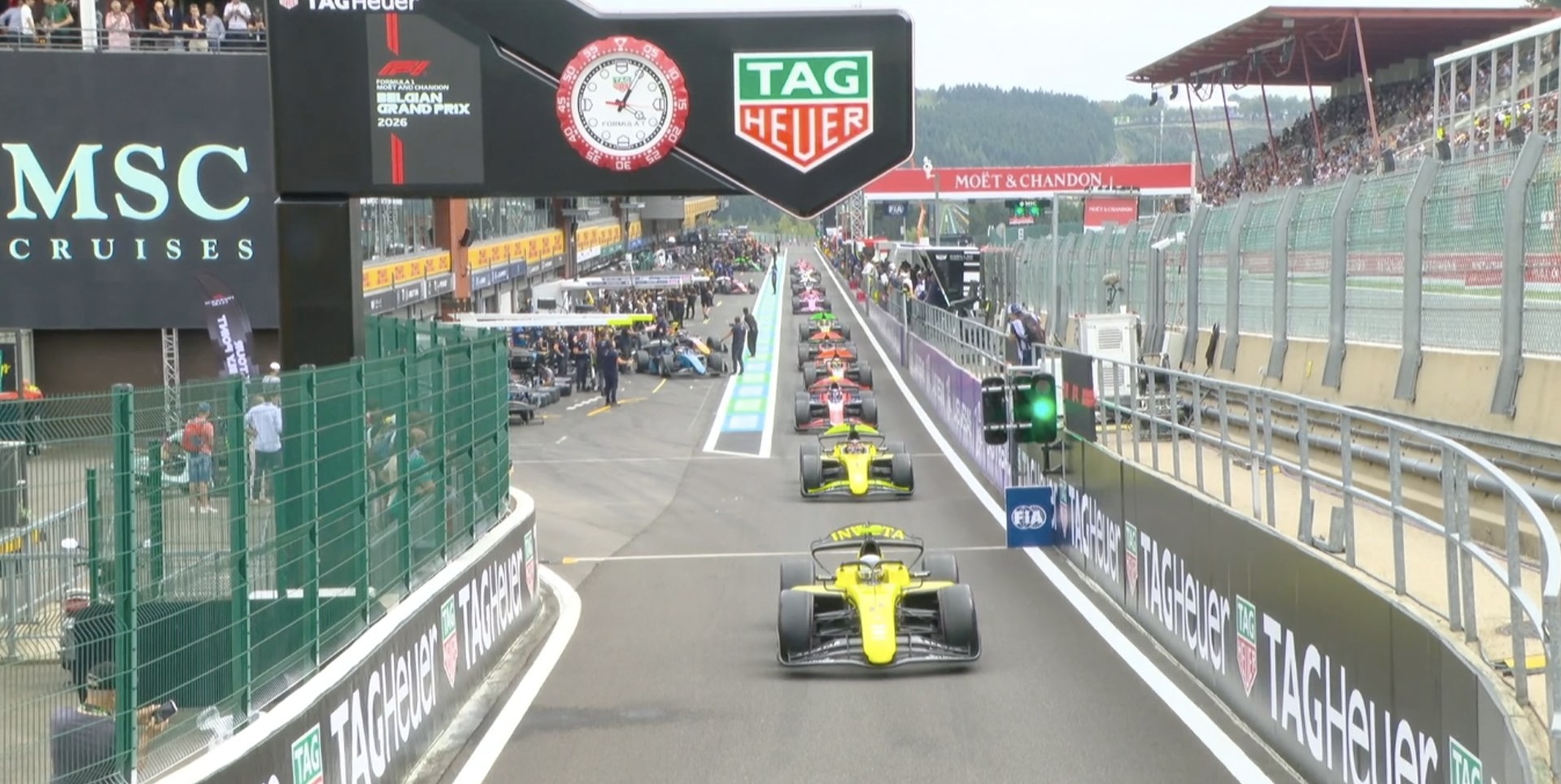Cars heading out on track for F2 Qualifying at the 2026 Belgian GP.