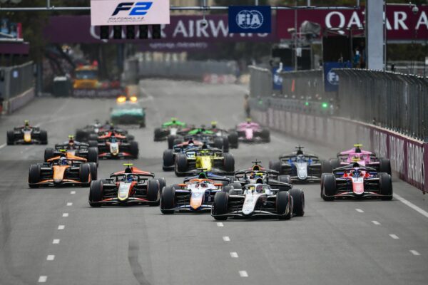Cars on track at the 2025 F2 Azerbaijan GP.