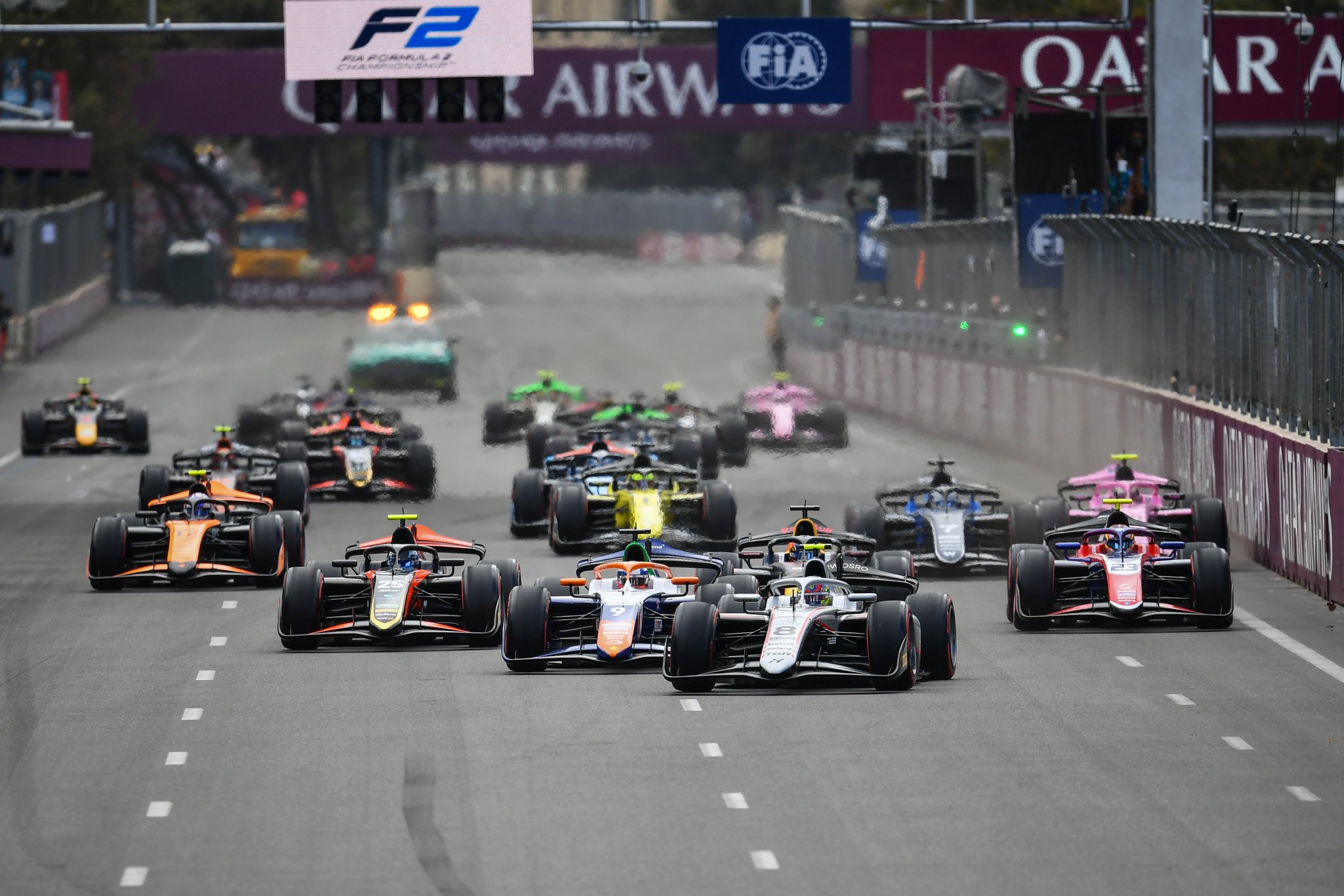 Cars on track at the 2025 F2 Azerbaijan GP.