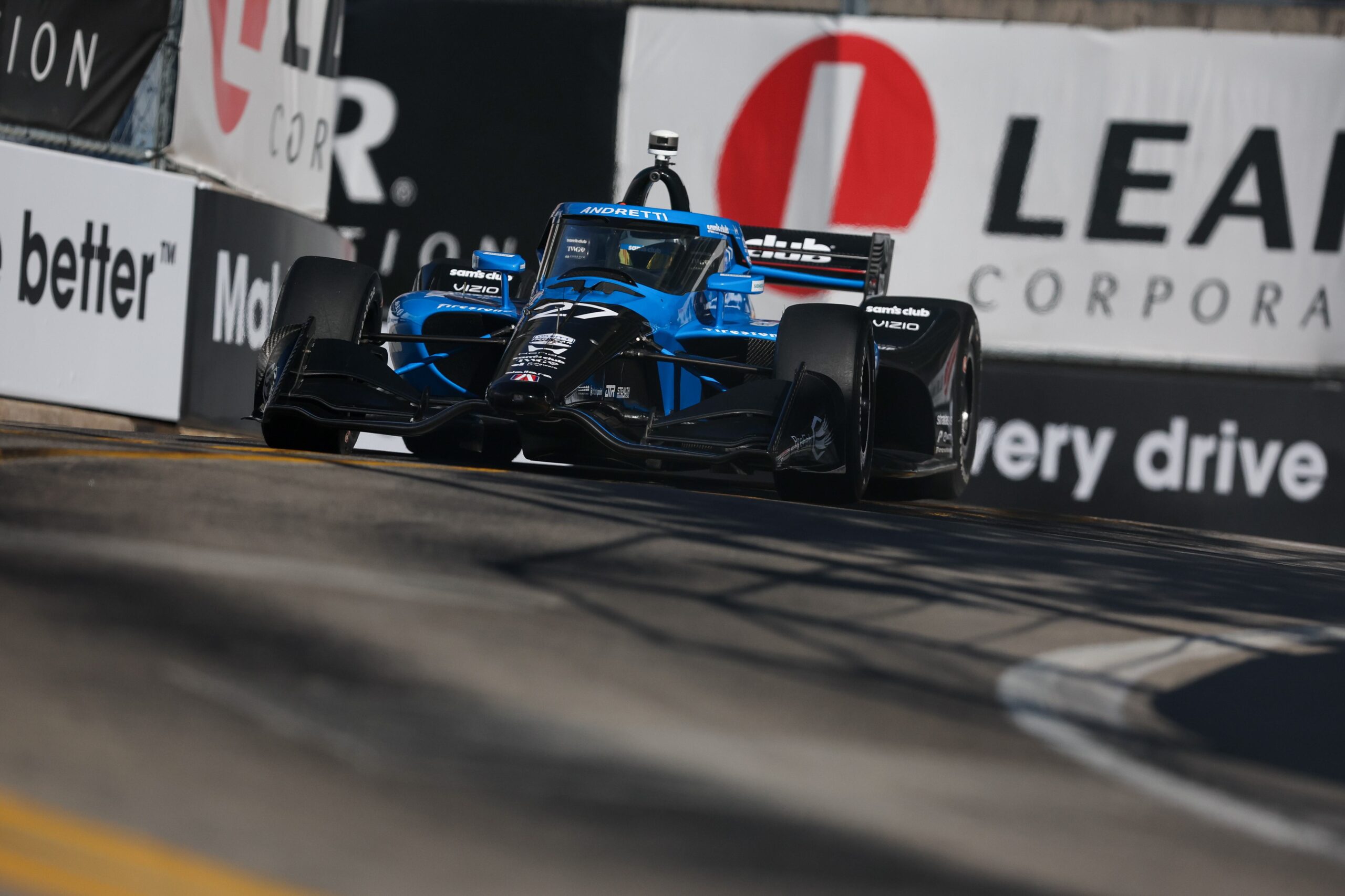 Andretti Autosport's Kyle Kirkwood rounding the streets of Detroit. Kirkwood finished 2nd in the 2026 IndyCar Detroit GP.