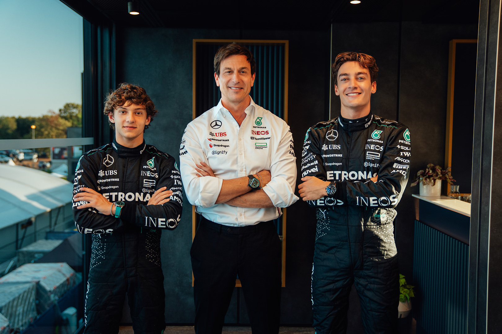 Mercedes Team Principal, Toto Wolff with Mercedes 2026 drivers, George Russell and Kimi Antonelli