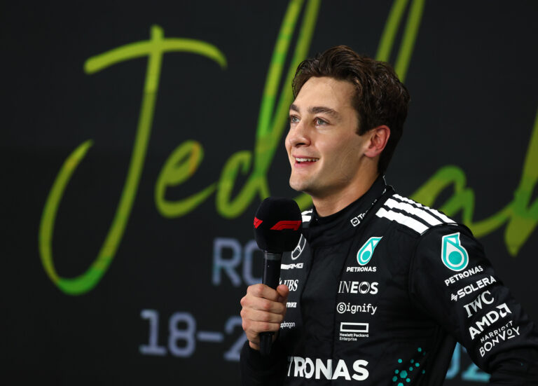 George Russell doing media on Saturday at the Saudi Arabian GP