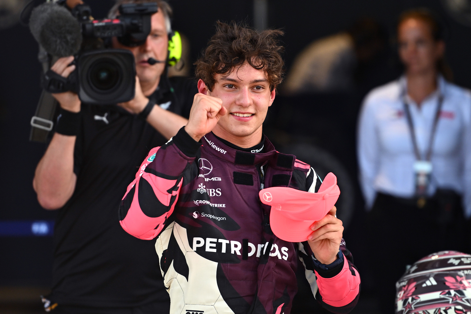 Mercedes' Kimi Antonelli celebrating after getting P3 in Qualifying at the Miami GP