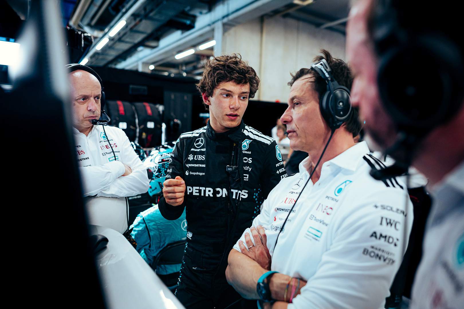 Antonelli with Mercedes team principal Toto Wolff