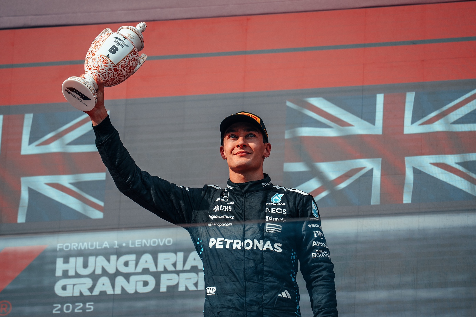 GEORGE RUSSELL on the podium for the 2025 Hungarian GP