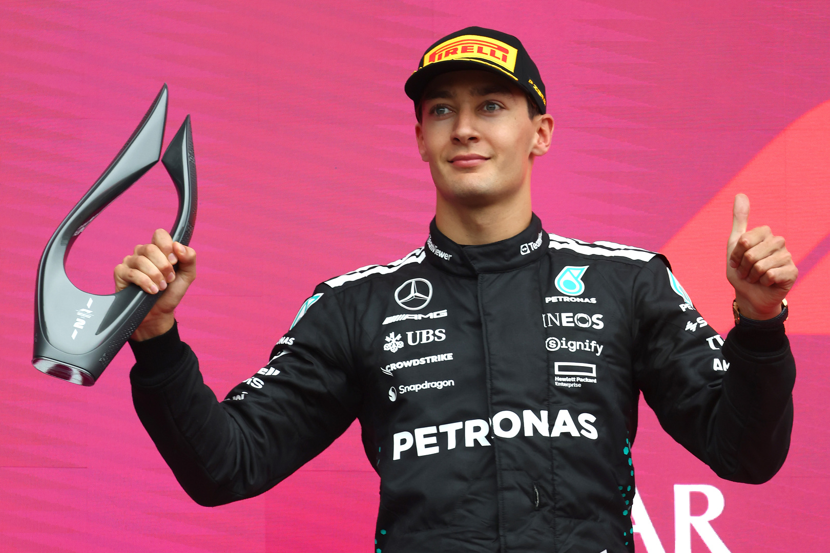 George Russell on the podium at the F1 Azerbaijan GP