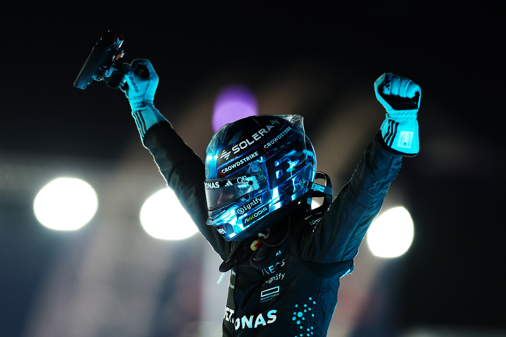 Mercedes' George Russell celebrating his win at the F1 Singapore GP