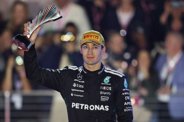 Mercedes' George Russell during the 2025 F1 Las Vegas GP.