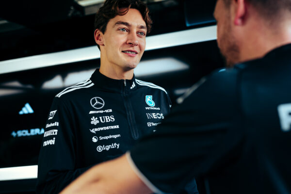 George Russell in the Mercedes garage at Qatar Grand Prix, Thursday.