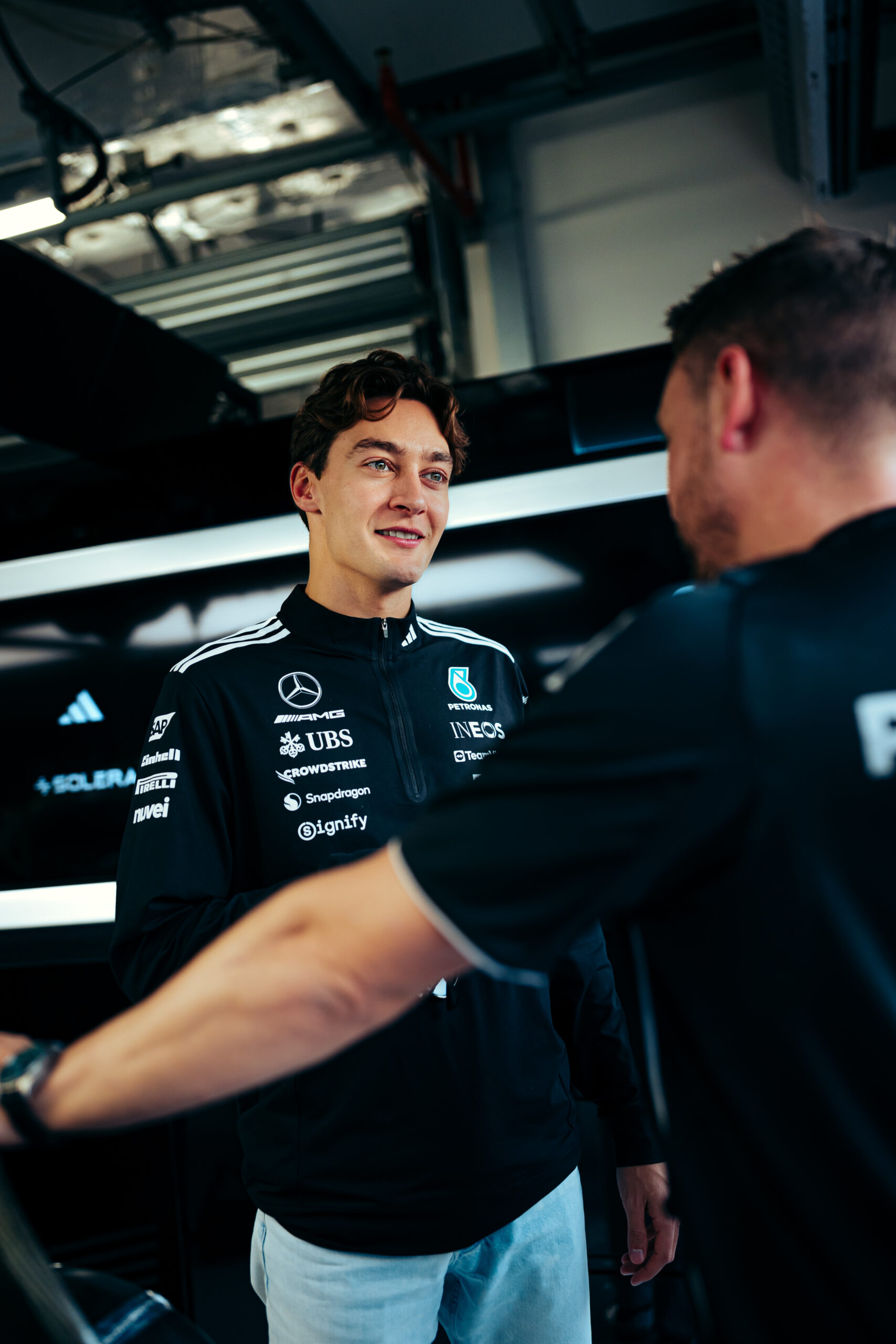 George Russell in the Mercedes garage at Qatar Grand Prix, Thursday.