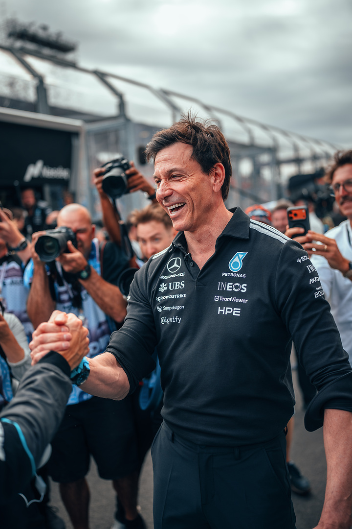 Toto Wolff at the 2026 F1 Australian GP after a Mercedes 1-2 finish