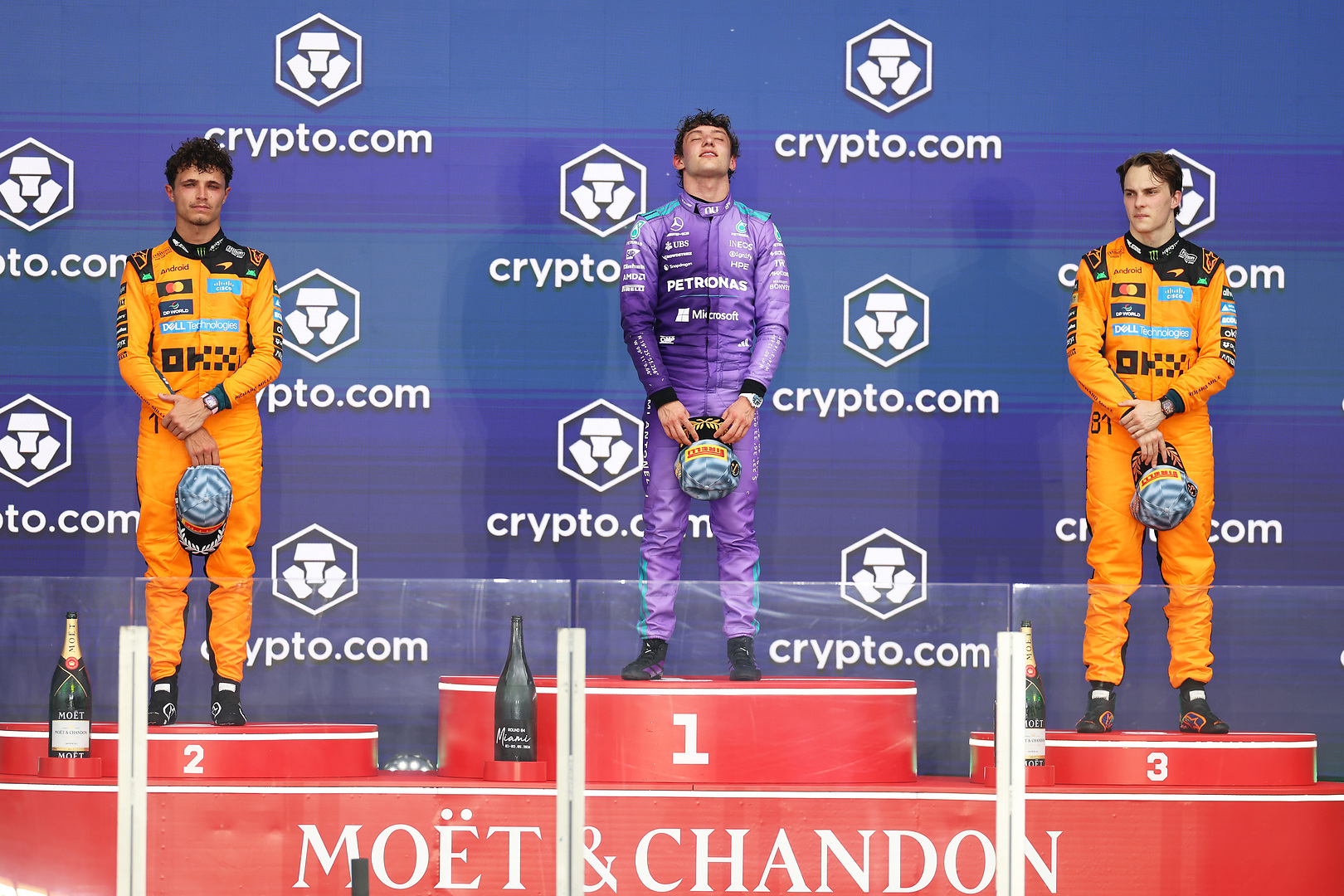 Kimi Antonelli celebrates a podium finish at the F1 2026 Miami GP as Andrea Stella praises the Mercedes driver’s progress