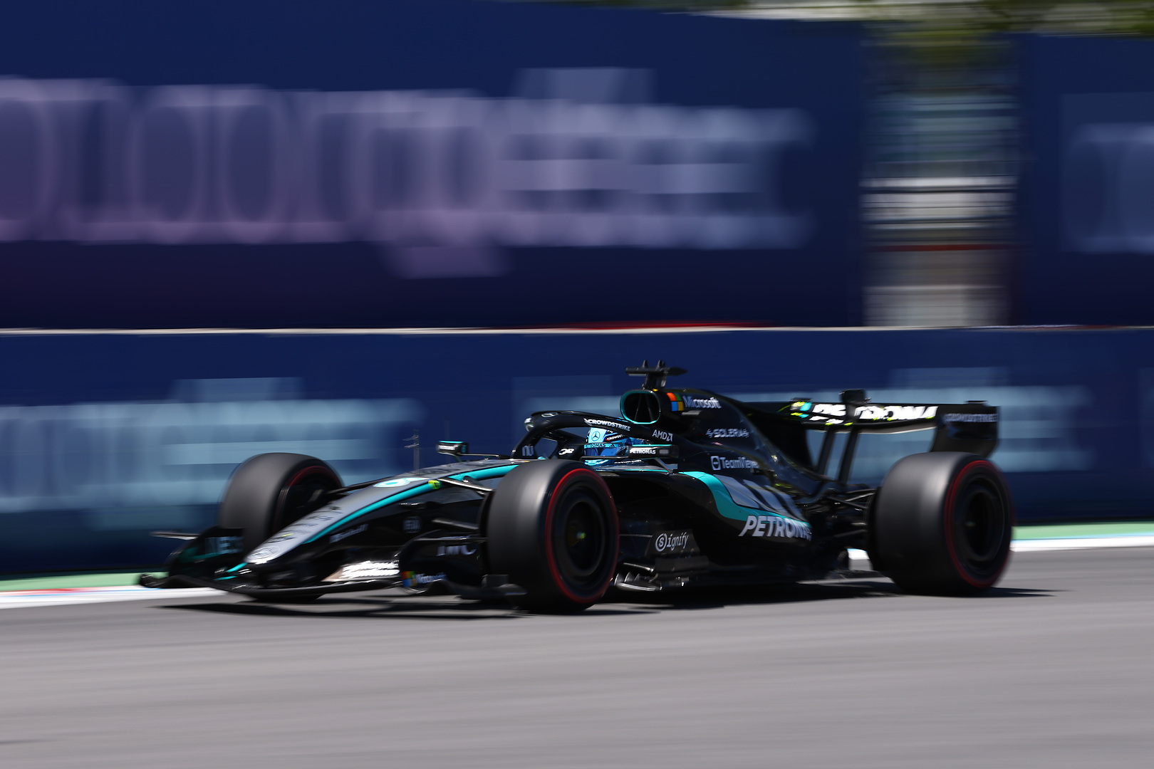George Russell of Mercedes wins the F1 Canadian GP Sprint ahead of Lando Norris and Andrea Kimi Antonelli