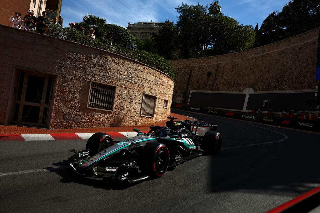 Monaco Grand Prix, Saturday George Russell of Great Britain driving the (63) Mercedes AMG Petronas F1 Team W17 on track during qualifying ahead of the F1 Grand Prix of Monaco. Toto Wolff reacts to Alpine's Right of Review