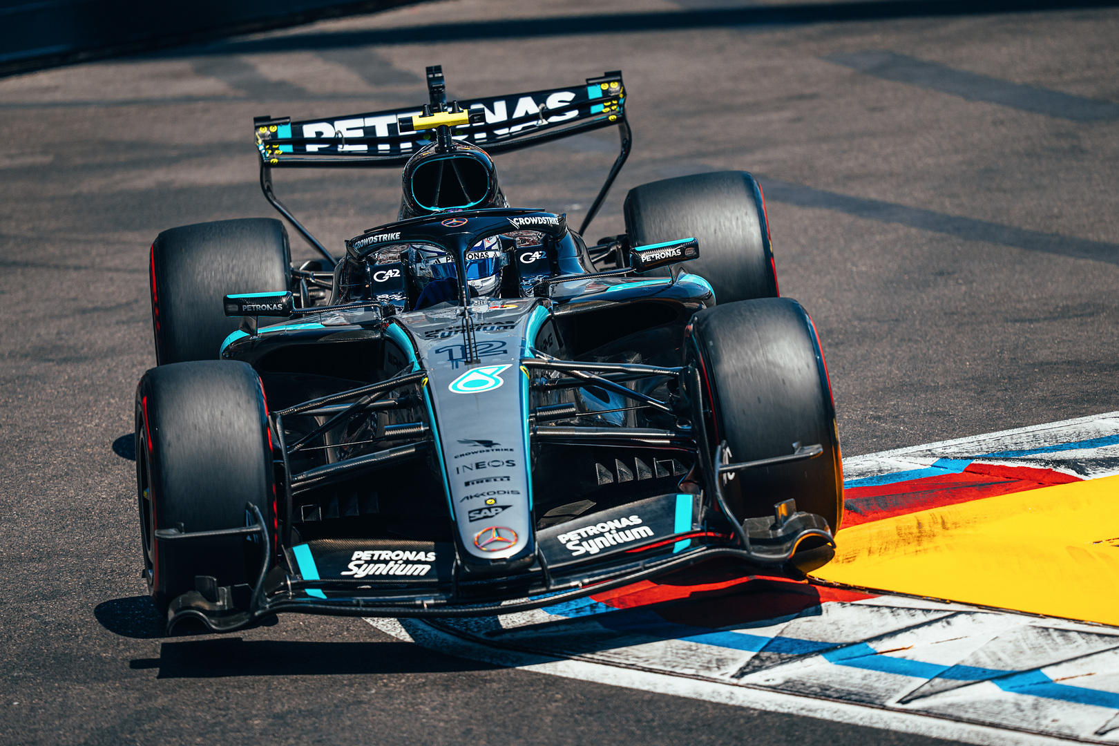 Kimi Antonelli on track for Mercedes at the 2026 F1 Monaco GP.
