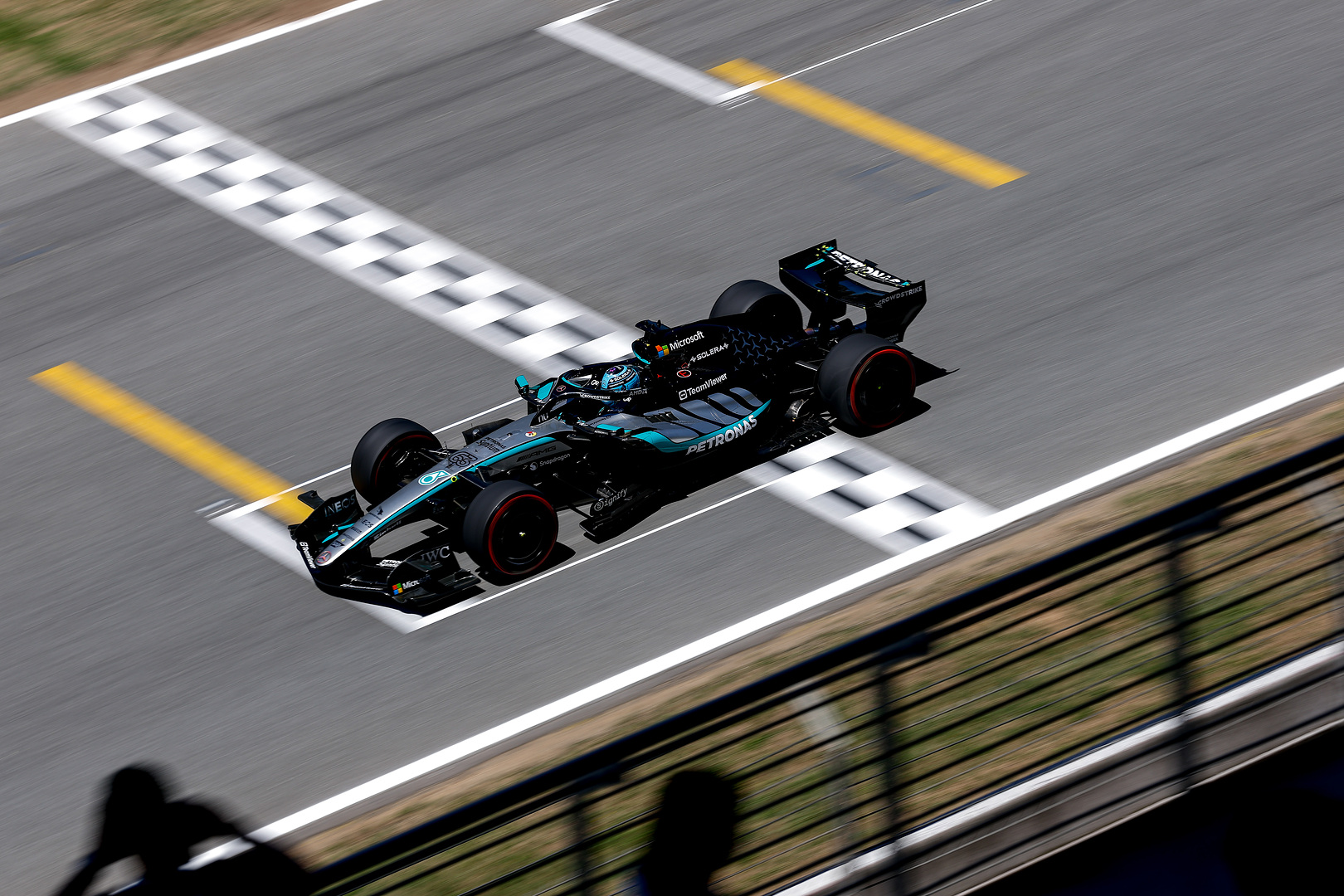 Mercedes F1's George Russell during practice at the 2026 F1 Barcelona-Catalunya GP.
