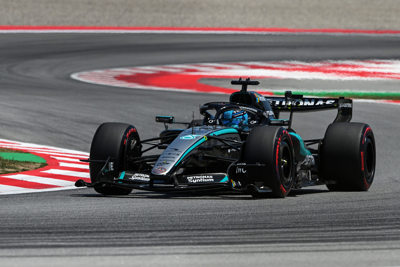 Mercedes F1's George Russell during Qualifying at the 2026 F1 Barcelona-Catalunya GP.