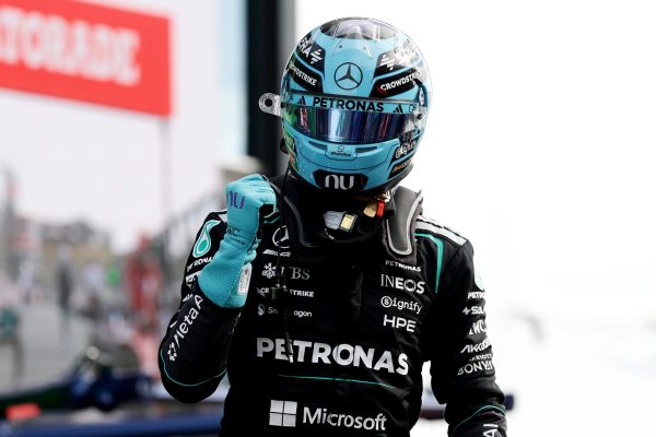 Dutch Grand Prix, Friday ZANDVOORT, NETHERLANDS - AUGUST 21: Sprint Pole qualifier George Russell of Great Britain and Mercedes AMG Petronas F1 Team celebrates on arrival in parc ferme during Sprint Qualifying ahead of the F1 Grand Prix of Netherlands at Circuit Zandvoort on August 21, 2026 in Zandvoort, Netherlands.