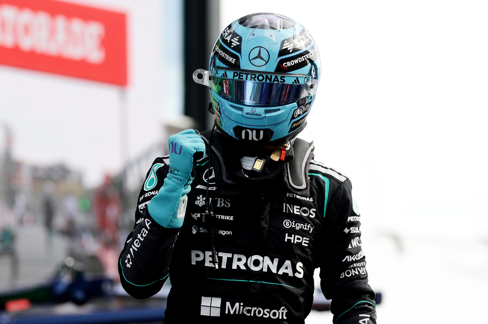 Dutch Grand Prix, Friday ZANDVOORT, NETHERLANDS - AUGUST 21: Sprint Pole qualifier George Russell of Great Britain and Mercedes AMG Petronas F1 Team celebrates on arrival in parc ferme during Sprint Qualifying ahead of the F1 Grand Prix of Netherlands at Circuit Zandvoort on August 21, 2026 in Zandvoort, Netherlands.