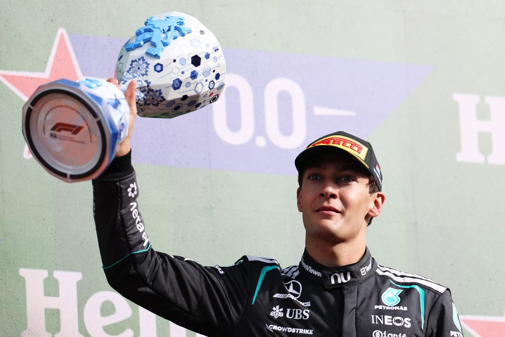 Russell on the podium at the F1 Dutch GP