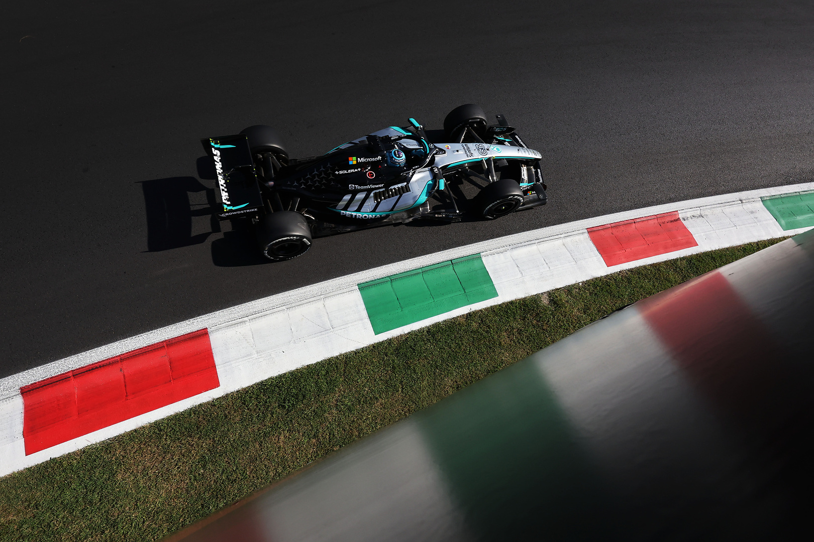 Mercedes' George Russell tops FP3 during the 2026 F1 Italian GP.