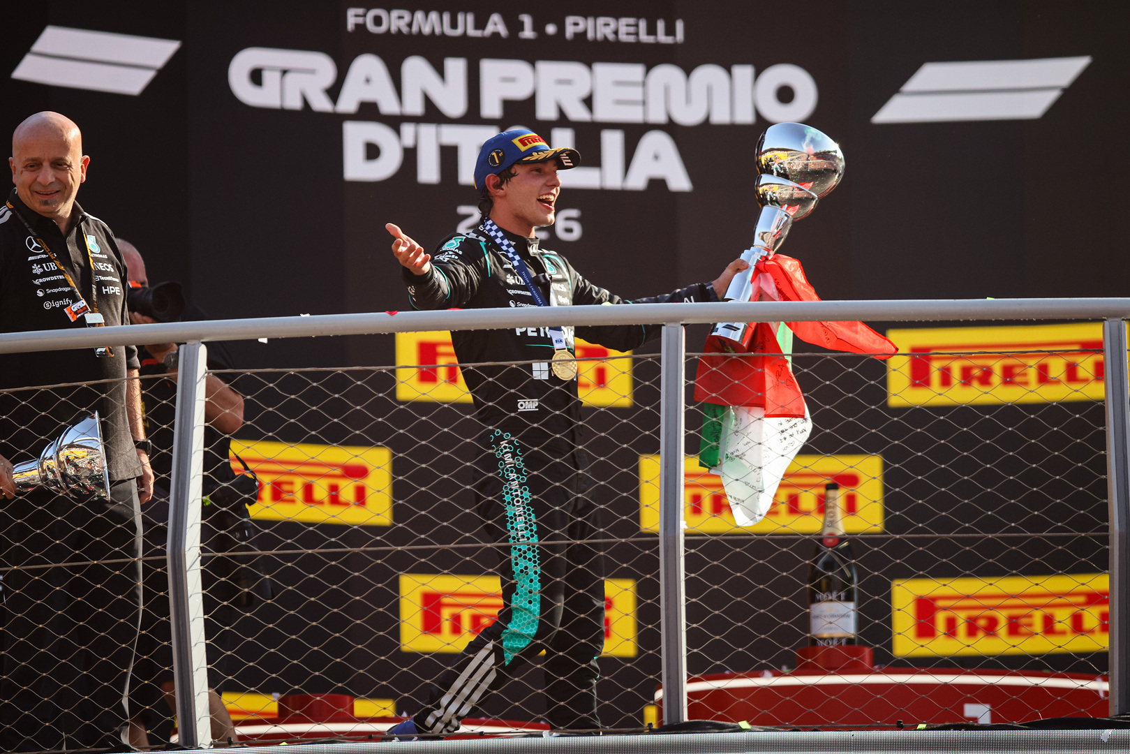 Kimi Antonelli on the podium for Mercedes at the 2026 F1 Italian GP.