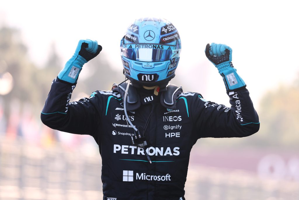 Mercedes' George Russell celebrates after winning the 2026 F1 Azerbaijan GP.
