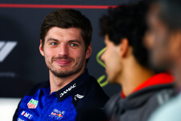 Max Verstappen and Gabriel Bortoleto in the Drivers Press Conference during day one of F1 testing in Bahrain