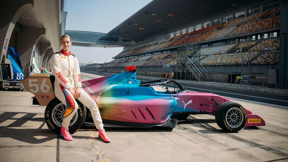 Puma have adopted a striking pink, blue and ombre design for their 3rd livery in F1 Academy 2026 with Rachel Robertson.