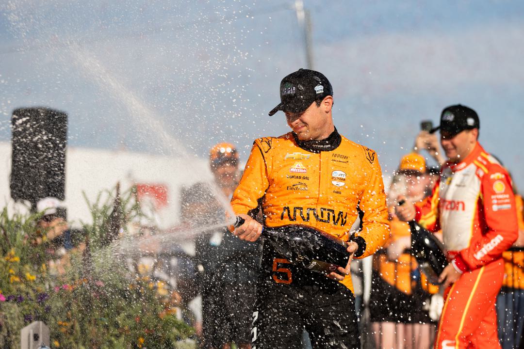 The IndyCar Iowa doubleheader weekend produced much excitement during the first race. Arrow McLaren’s Pato O’Ward fought off Josef Newgarden to get his first P1 of the season. Newgarden was just a little over two-tenths off from O’Ward on the oval track.