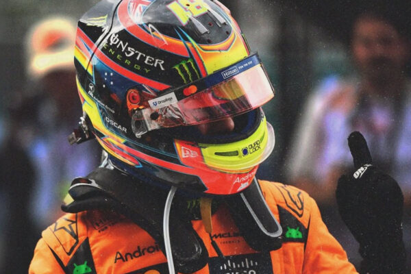 Closeup on Miami GP winner Oscar Piastri wearing helmet