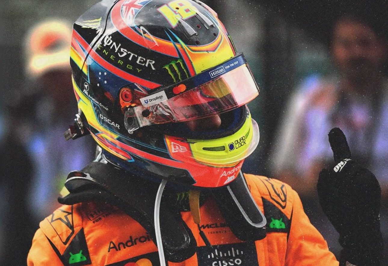 Closeup on Miami GP winner Oscar Piastri wearing helmet