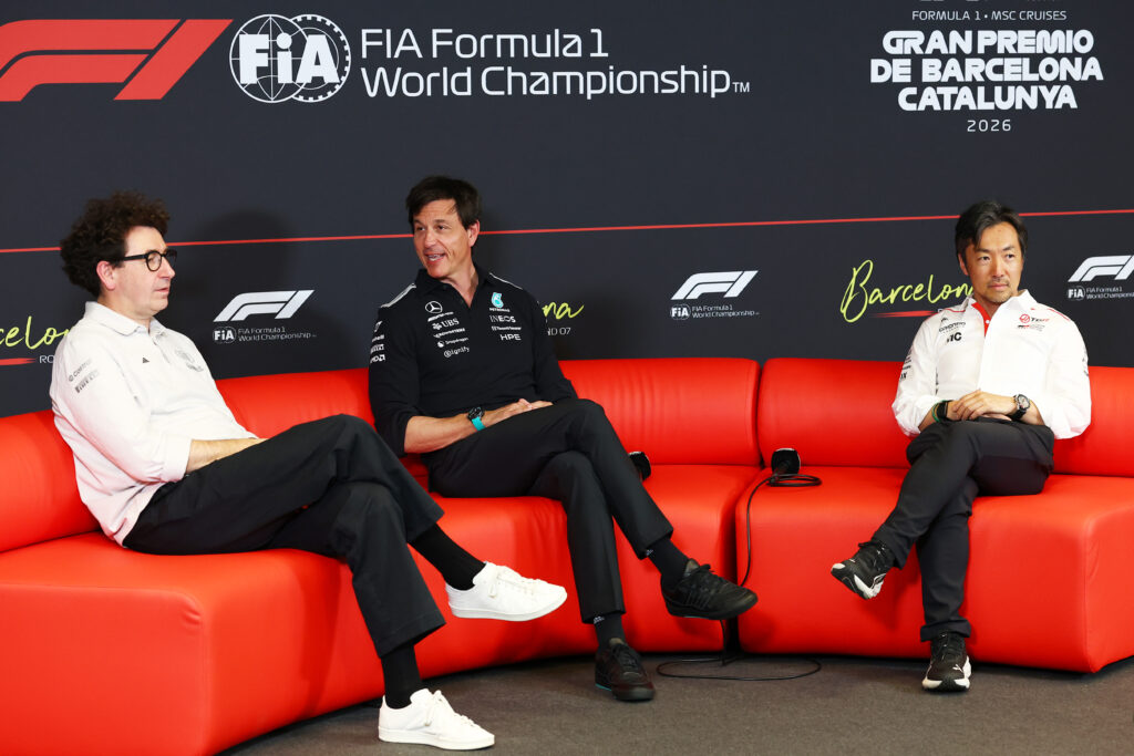 Binotto, Wolff and Komatsu at the press conference on Friday at the 2026 F1 Barcelona-Catalunya GP.