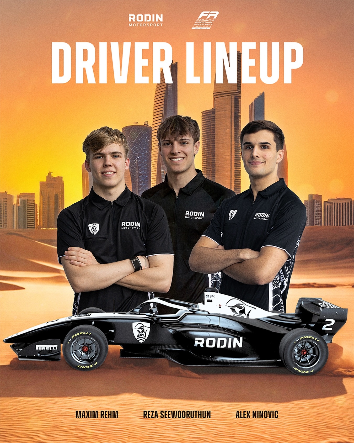 Rodin Motorsport confirms Alex Ninovic, Reza Seewooruthun and Maxim Rehm for the 2026 Formula Regional Middle East (FRME) Trophy.