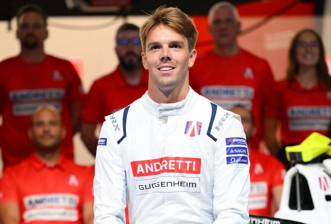 Oliver Askew of United States and Andretti Formula E looks on in the Pitlane during previews ahead of the London E-Prix at ExCel London on July 24, 2025 in London, England.