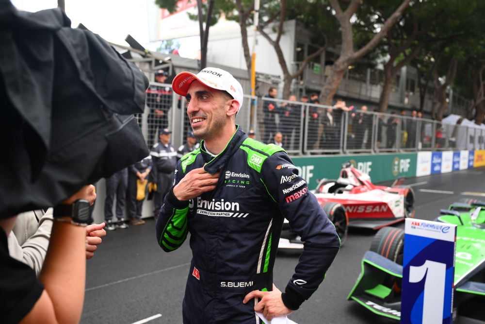 Race winner Sebastien Buemi of Switzerland and Envision Racing in parc ferme during the Monaco E-Prix.