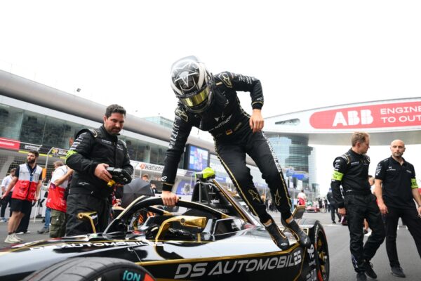 Maximilian Gunther of Germany and DS Penske jumps out of his car ahead of the Shanghai E-Prix, Round 10