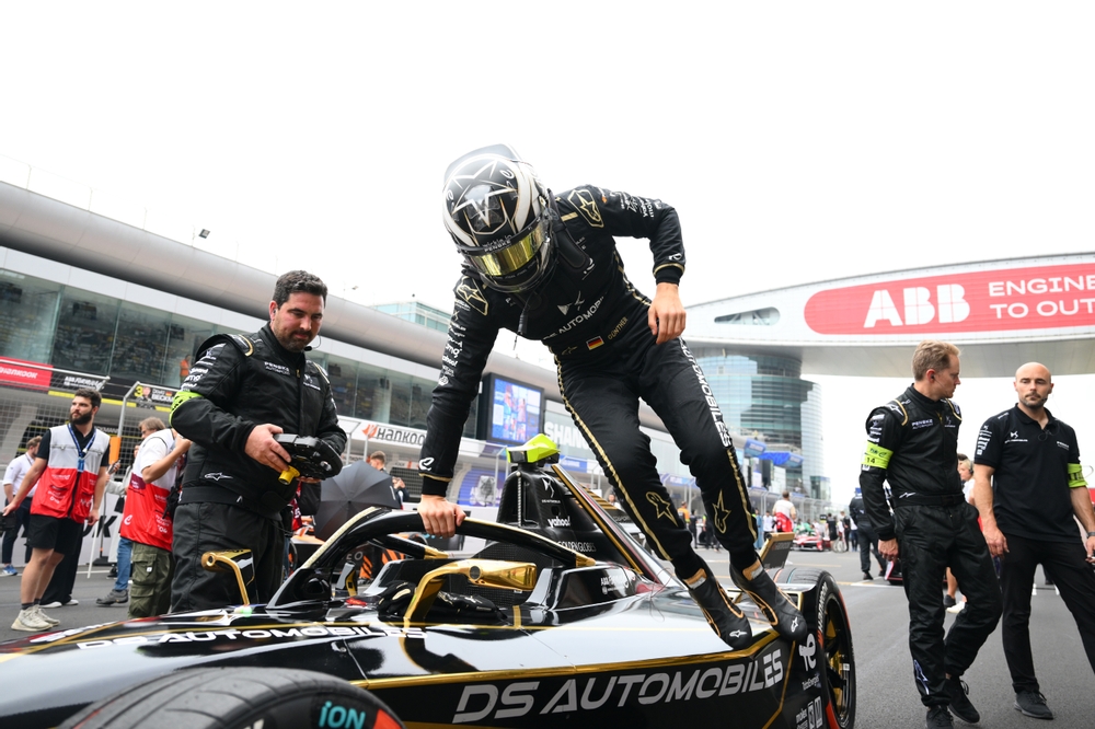 Maximilian Gunther of Germany and DS Penske jumps out of his car ahead of the Shanghai E-Prix, Round 10