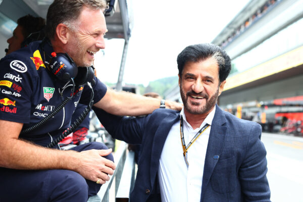 FIA President Mohammed Ben Sulayem talking to RedBull Racing's Team Principal Christian Horner.