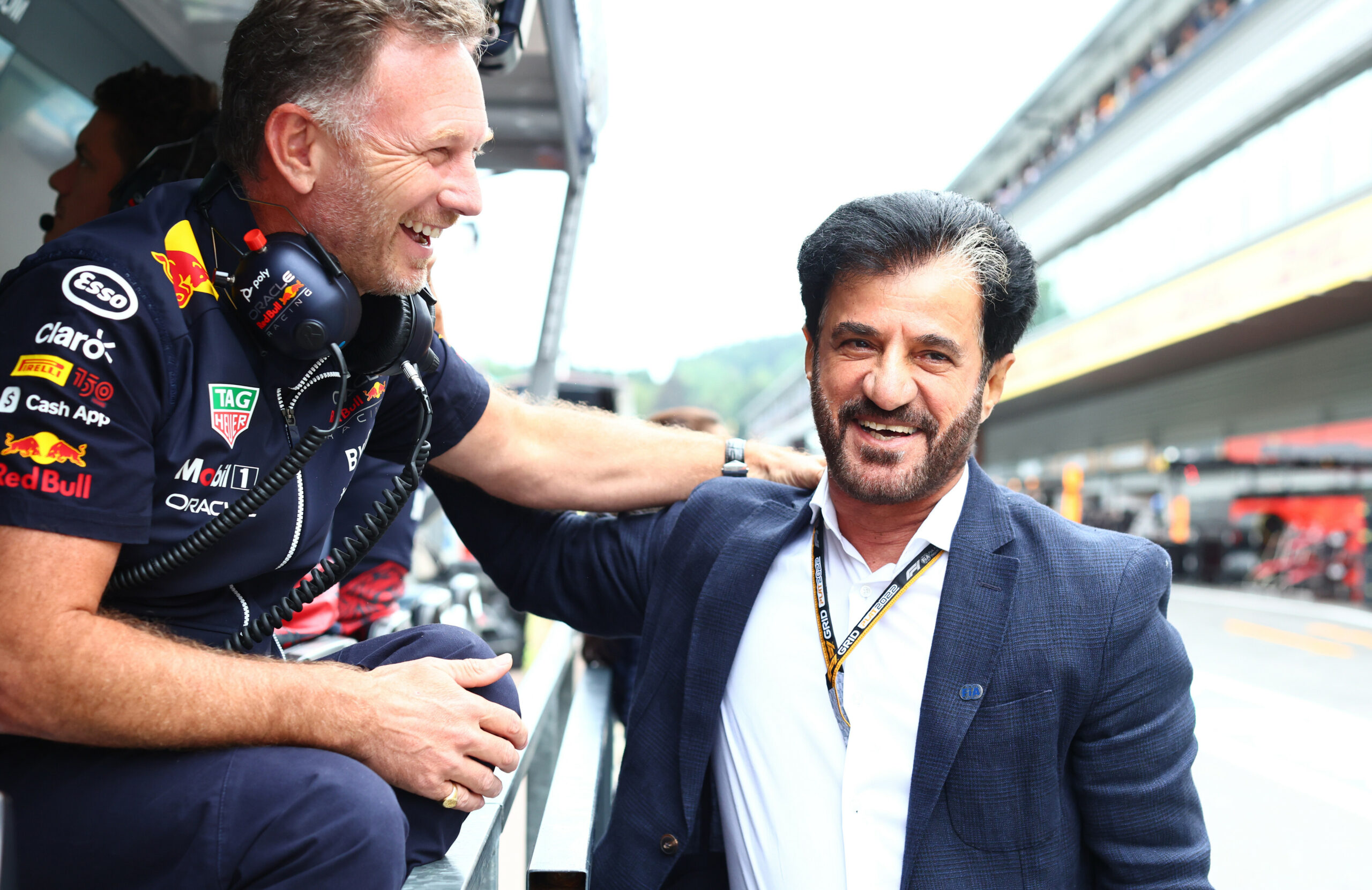 FIA President Mohammed Ben Sulayem talking to RedBull Racing's Team Principal Christian Horner.