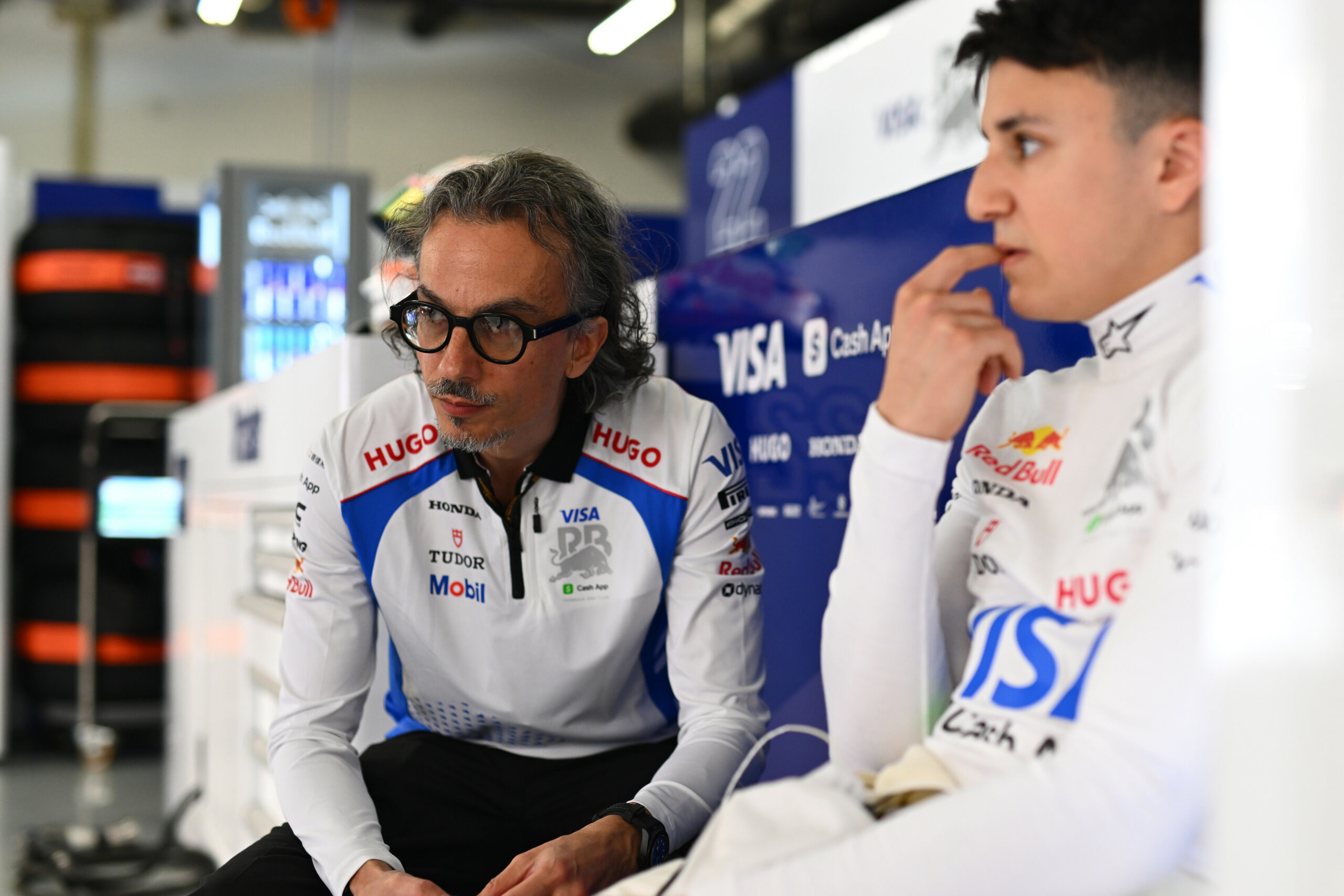 Isack Hadjar and team principal Laurent Mekies at the Chinese Grand Prix in Shanghai