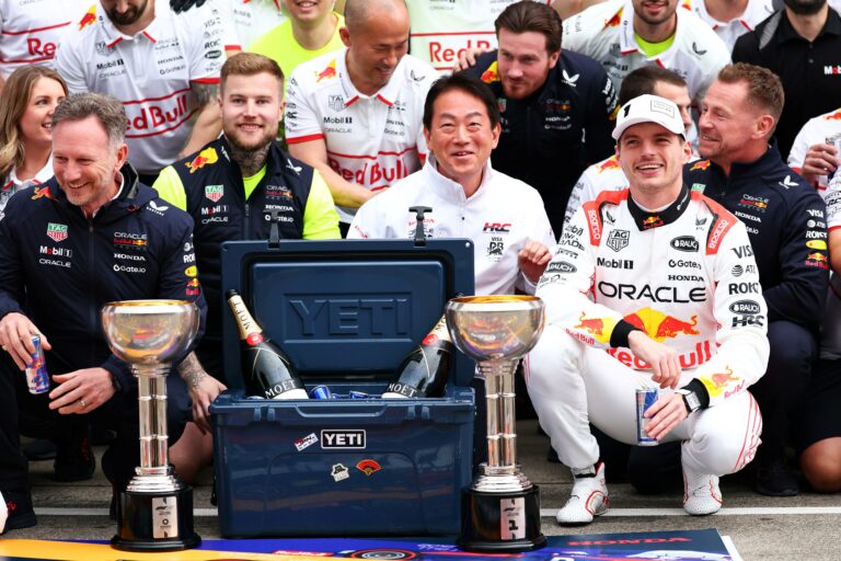 Christian Horner and Max Verstappen celebrating after the 2025 Japanese Grand Prix